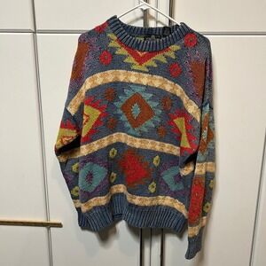 Vintage Structure Mens XL Southwestern Geometric Knit Sweater Blue Ramie Cotton
